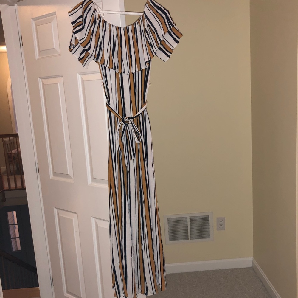 Gold navy and white striped off the shoulder maxi